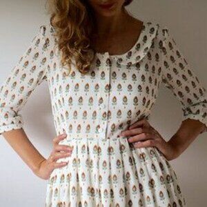 OffOn Handmade Ivory Feather Print Scoop Neck Popover Casual Dress Women's Small